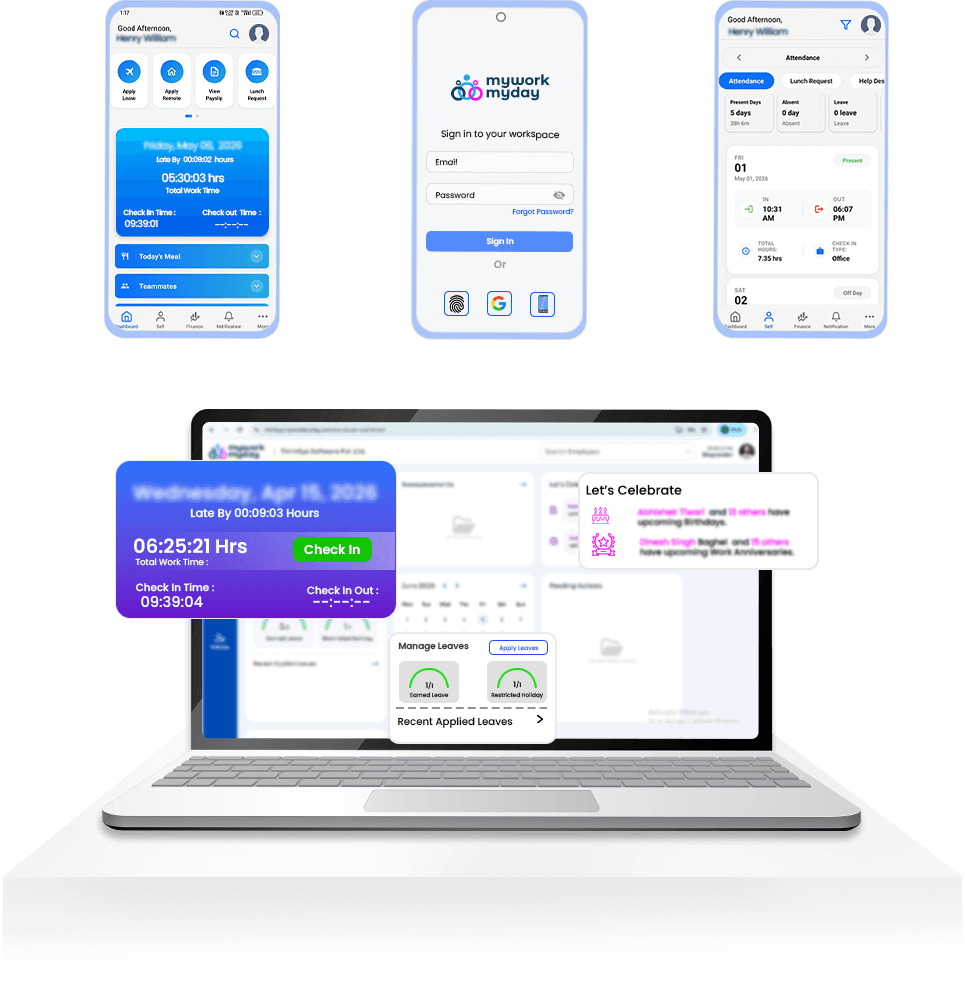 MyWorkMyDay dashboard preview showing payroll, HR, and workforce management tools